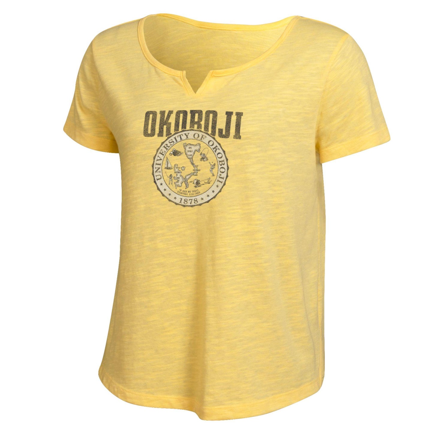 School Crest University of Okoboji Ladies V Cut Tee - Yellow