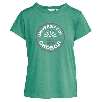 Okoboji Sunrise Crest Women's Darby Tee - Palm Tree Green