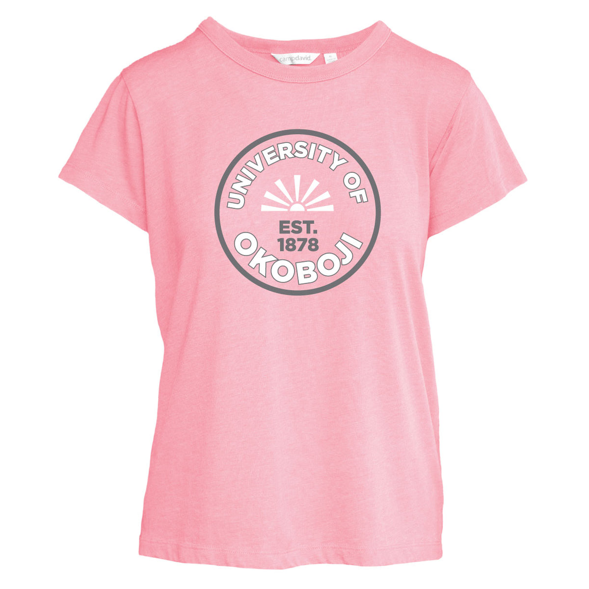 Okoboji Sunrise Crest Women's Darby Tee - Tickled Pink