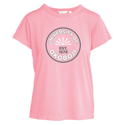 Okoboji Sunrise Crest Women's Darby Tee - Tickled Pink
