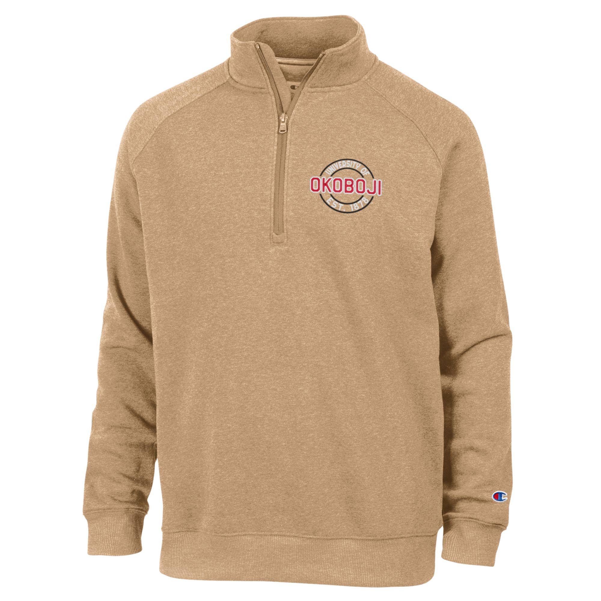Champion Triumph fleece raglan quarter zip in Tantalizing Tan with University of Okoboji left chest artwork
