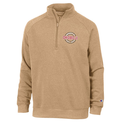 Champion Triumph fleece raglan quarter zip in Tantalizing Tan with University of Okoboji left chest artwork