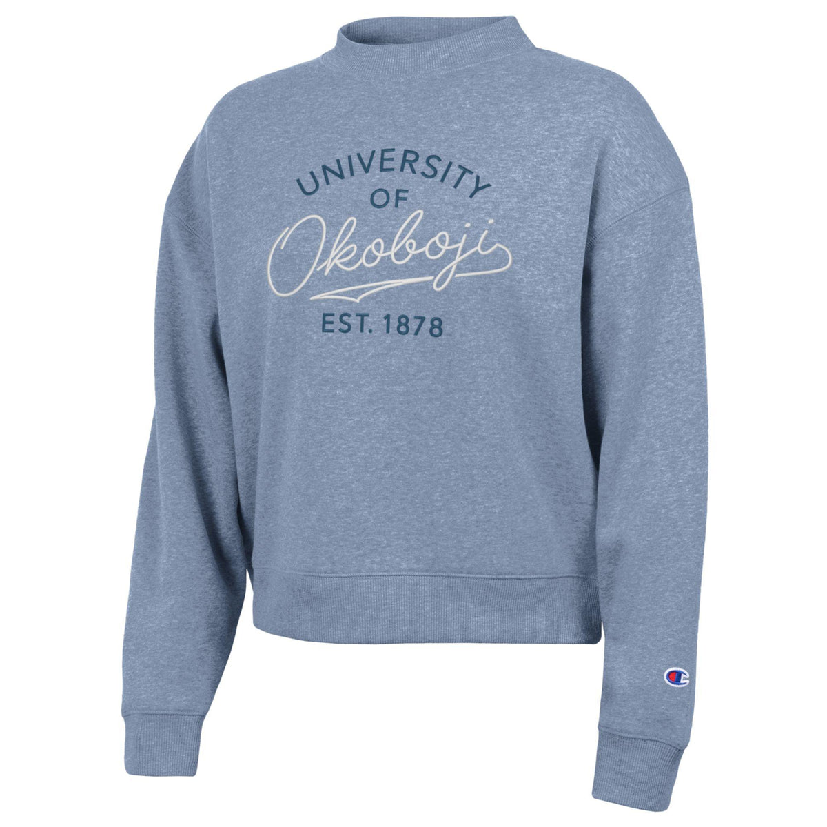 Wildflower pale blue Champion womens Triumph fleece crew featuring embroidered University of Okoboji Est. 1878 script artwork