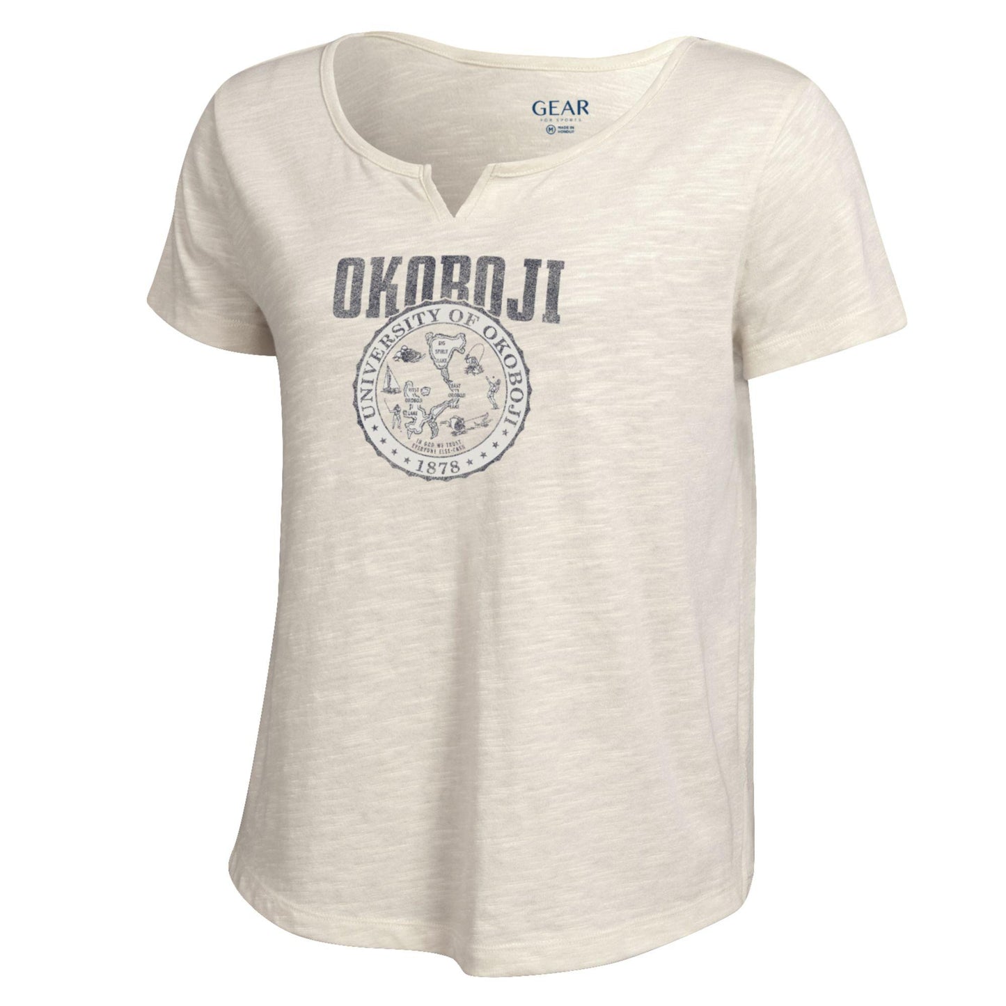 School Crest University of Okoboji Ladies V Cut Tee - White