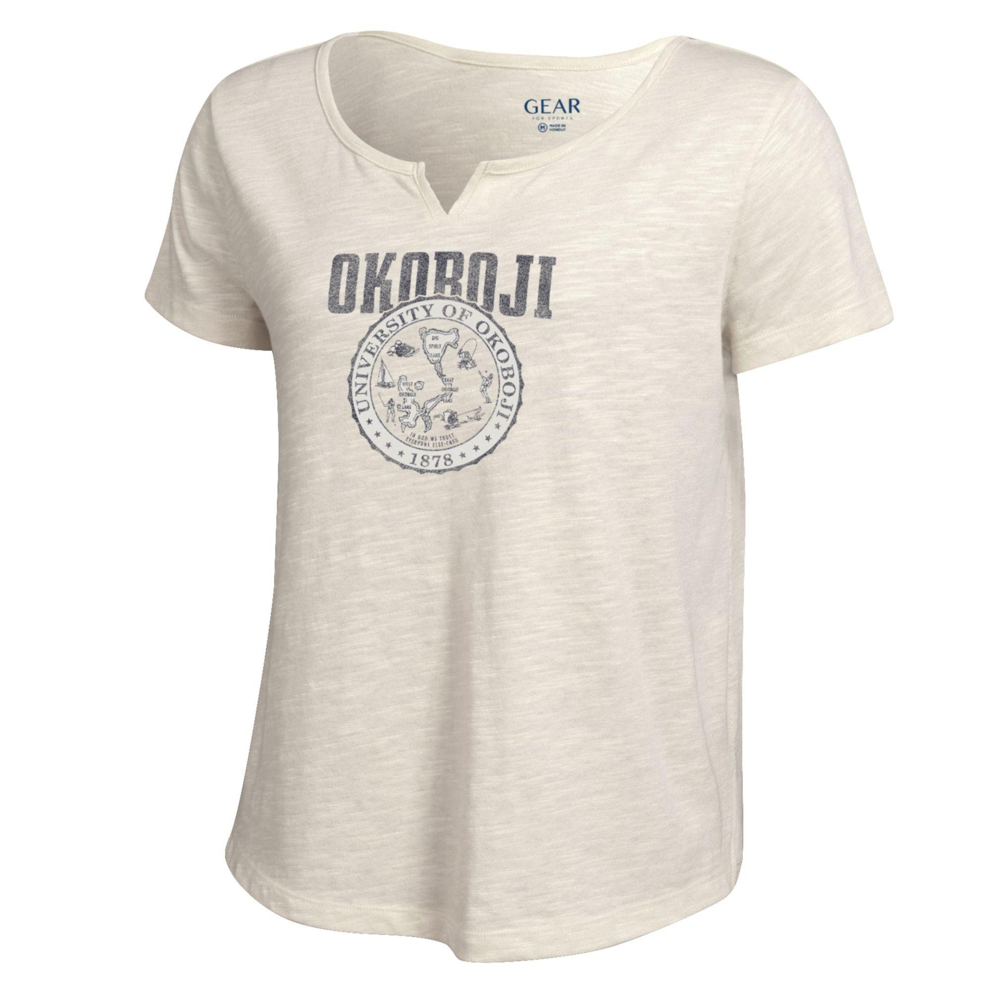 School Crest University of Okoboji Ladies V Cut Tee - White
