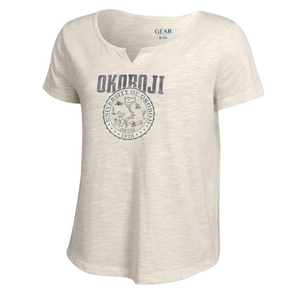 School Crest University of Okoboji Ladies V Cut Tee - White