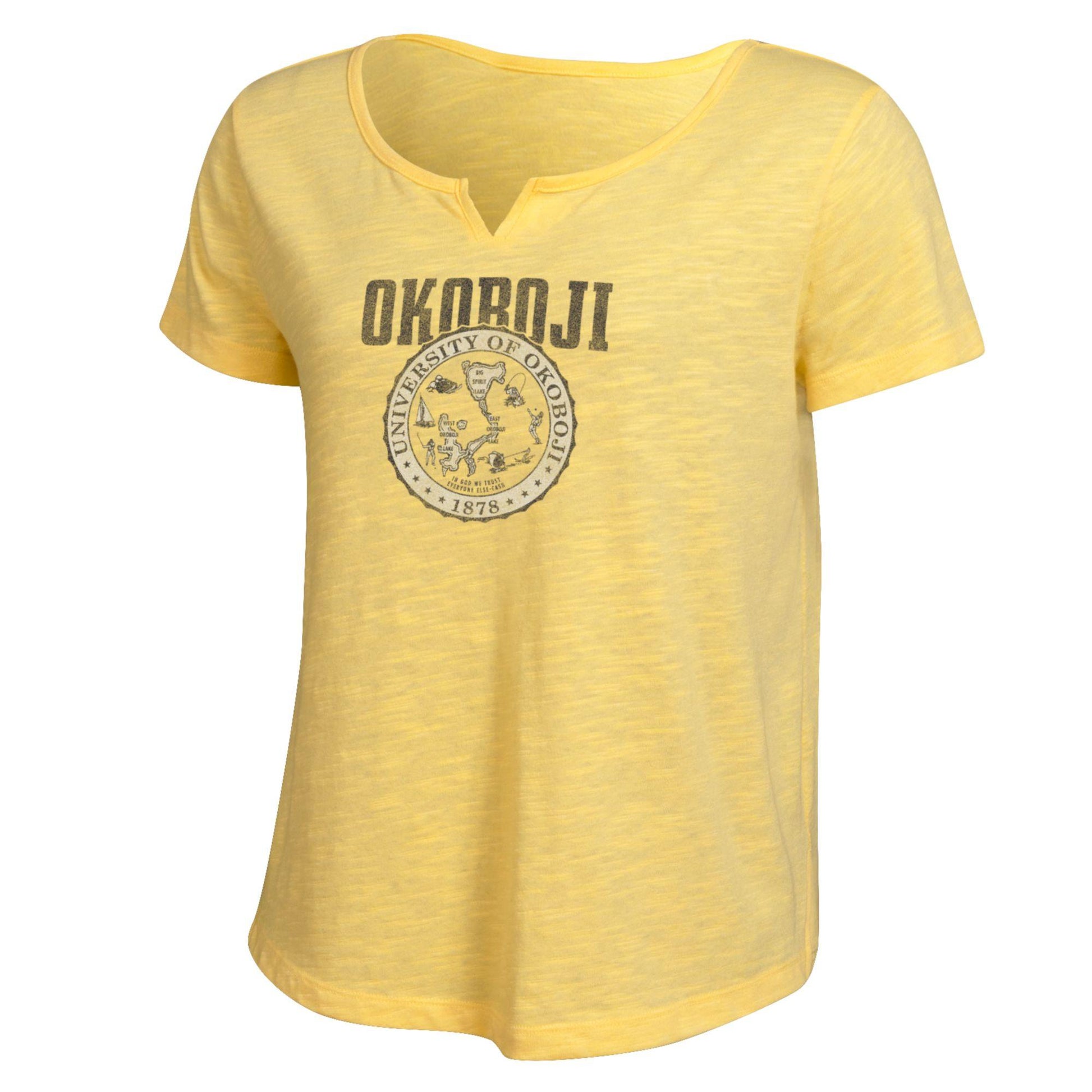School Crest University of Okoboji Ladies V Cut Tee - Yellow
