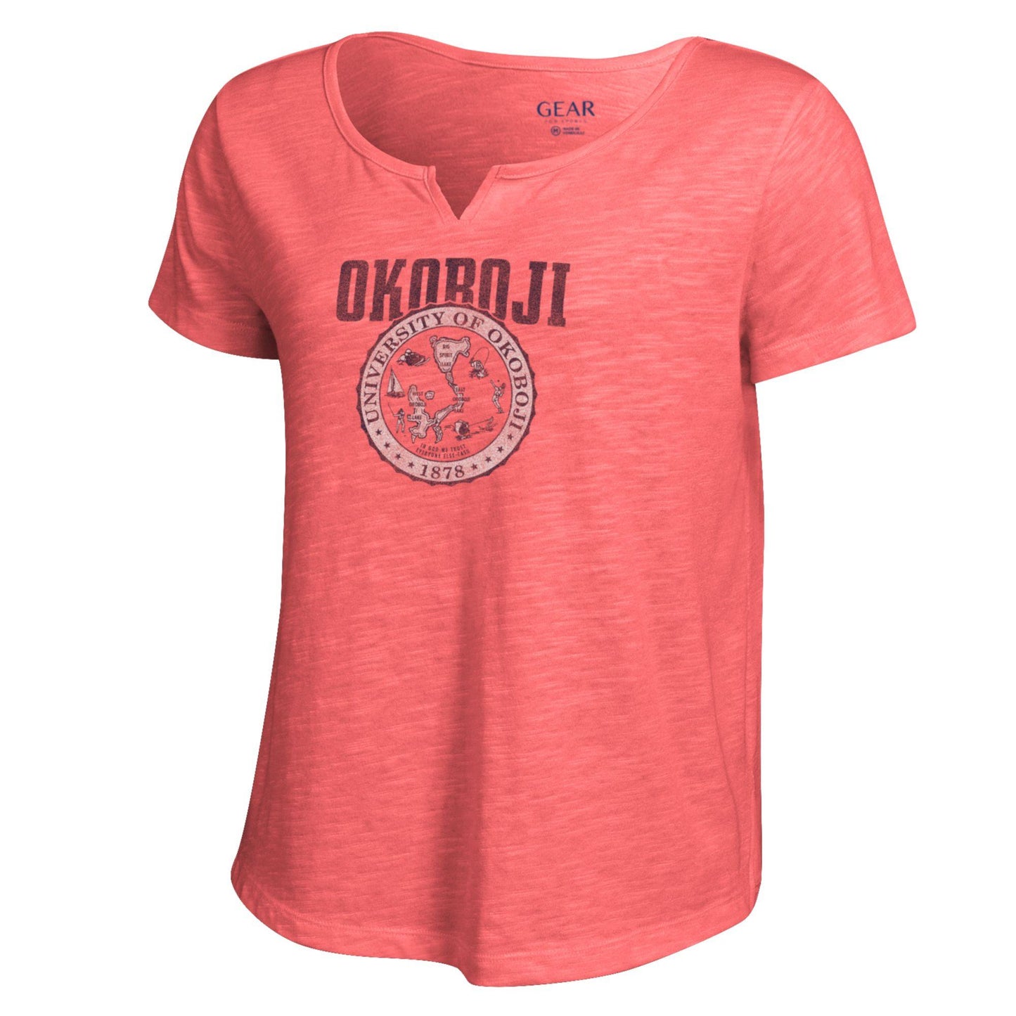 School Crest University of Okoboji Ladies V Cut Tee - Faded Red