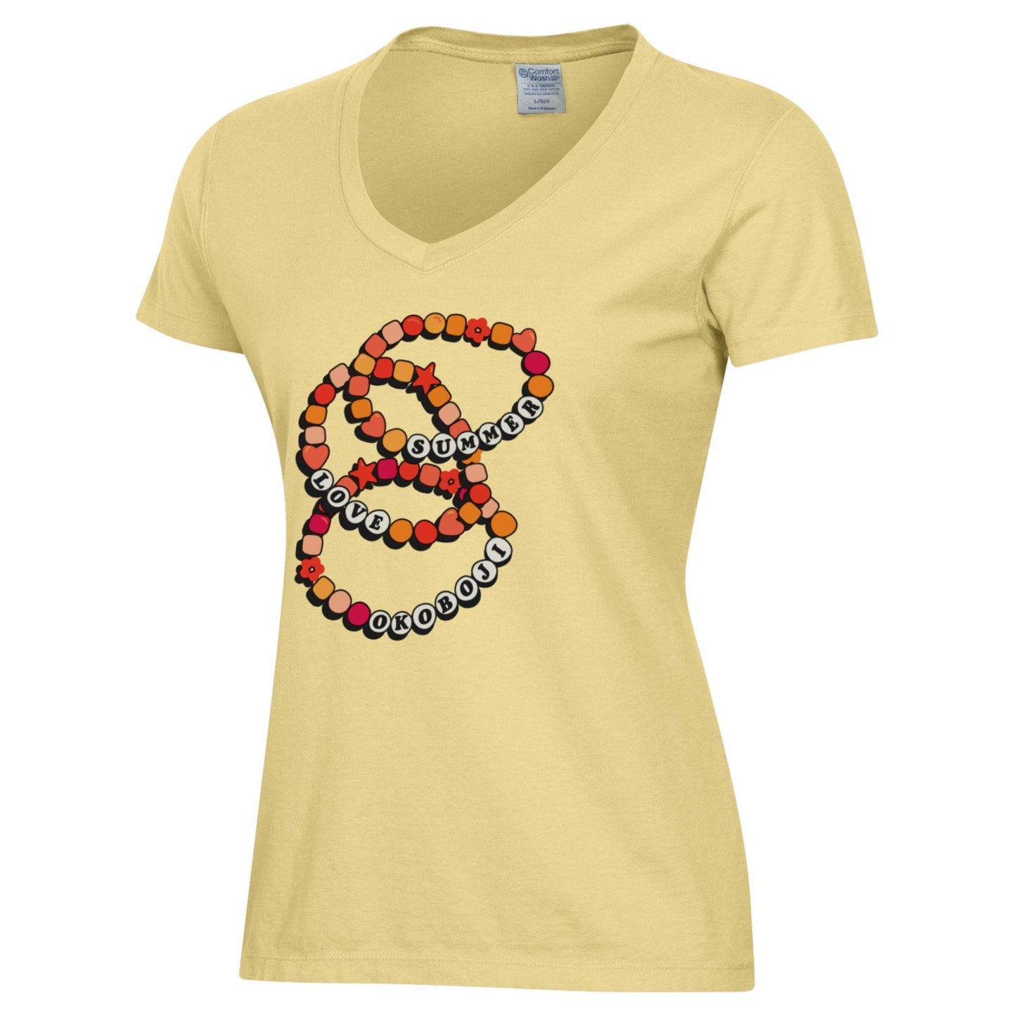 Ladies Okoboji Friendship Bracelet V-Neck Tee - Yellow