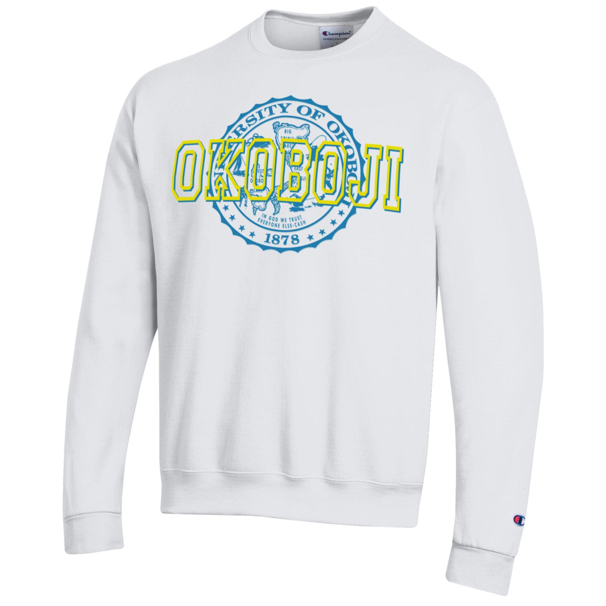 White Champion Powerblend crew sweatshirt with blue and fluorescent yellow OKOBOJI crest graphic