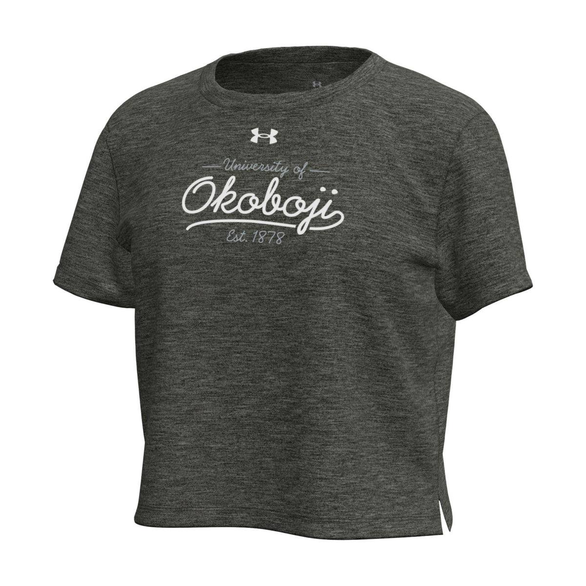 Under Armour Girls' University of Okoboji Breezy Cropped Tee - Black Heather – front view