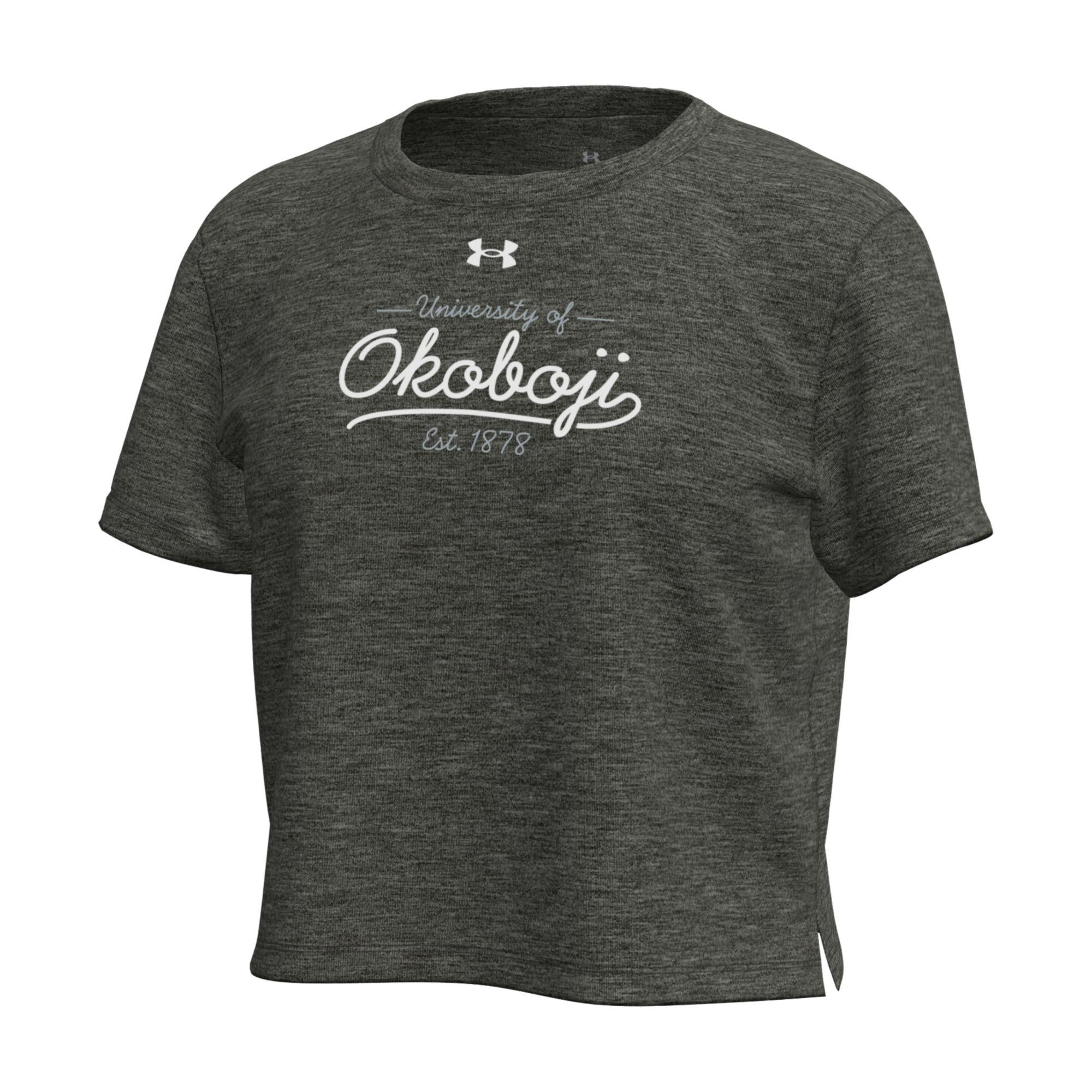 Under Armour Girls' University of Okoboji Breezy Cropped Tee - Black Heather – front view