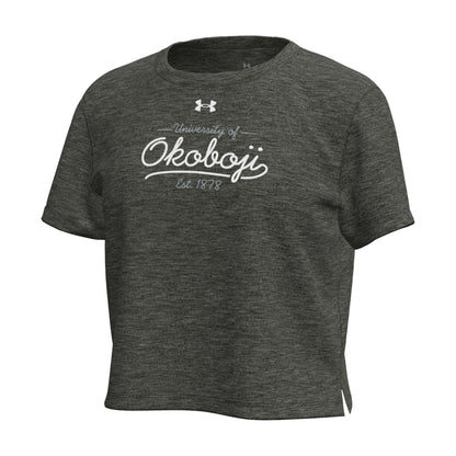 Under Armour Girls' University of Okoboji Breezy Cropped Tee - Black Heather – front view