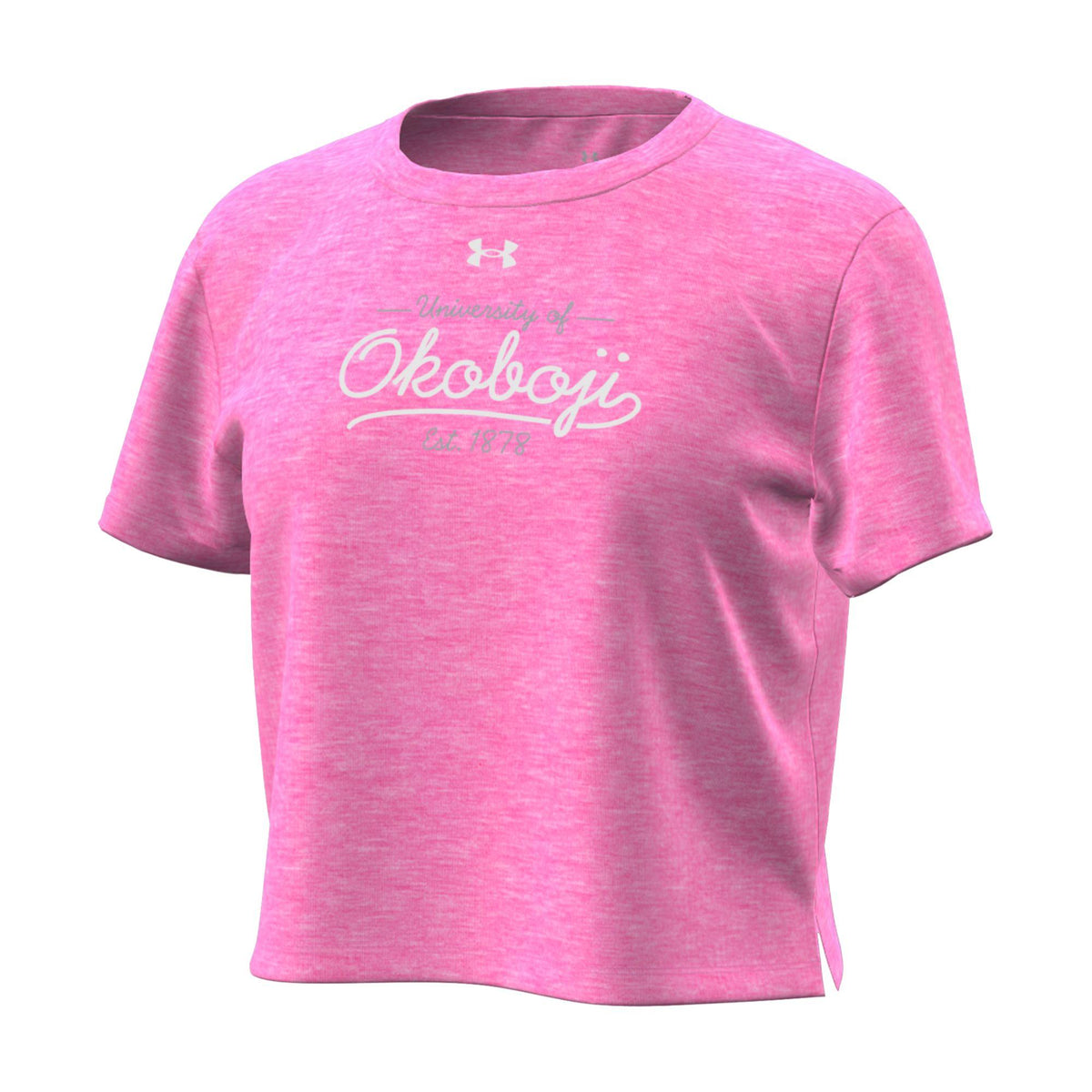 Under Armour Girls' University of Okoboji Breezy Cropped Tee - Pink Frenzy Heather – front view