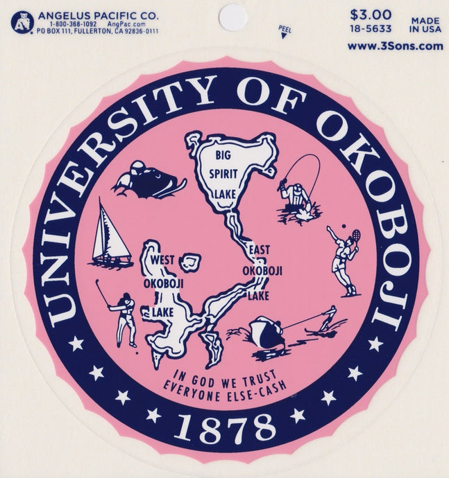 University of Okoboji Crest Sticker - Navy & Pink