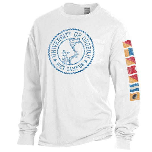 Lake Okoboji Campus Garment Dyed Long Sleeve Pocket Tee - White