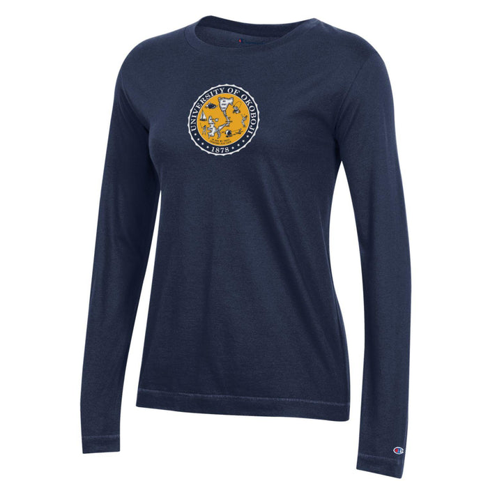 Ladies Navy Crest Long Sleeve Tee